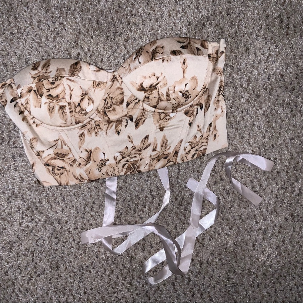 Floral Strapless Bustier Top in Cream and Brown